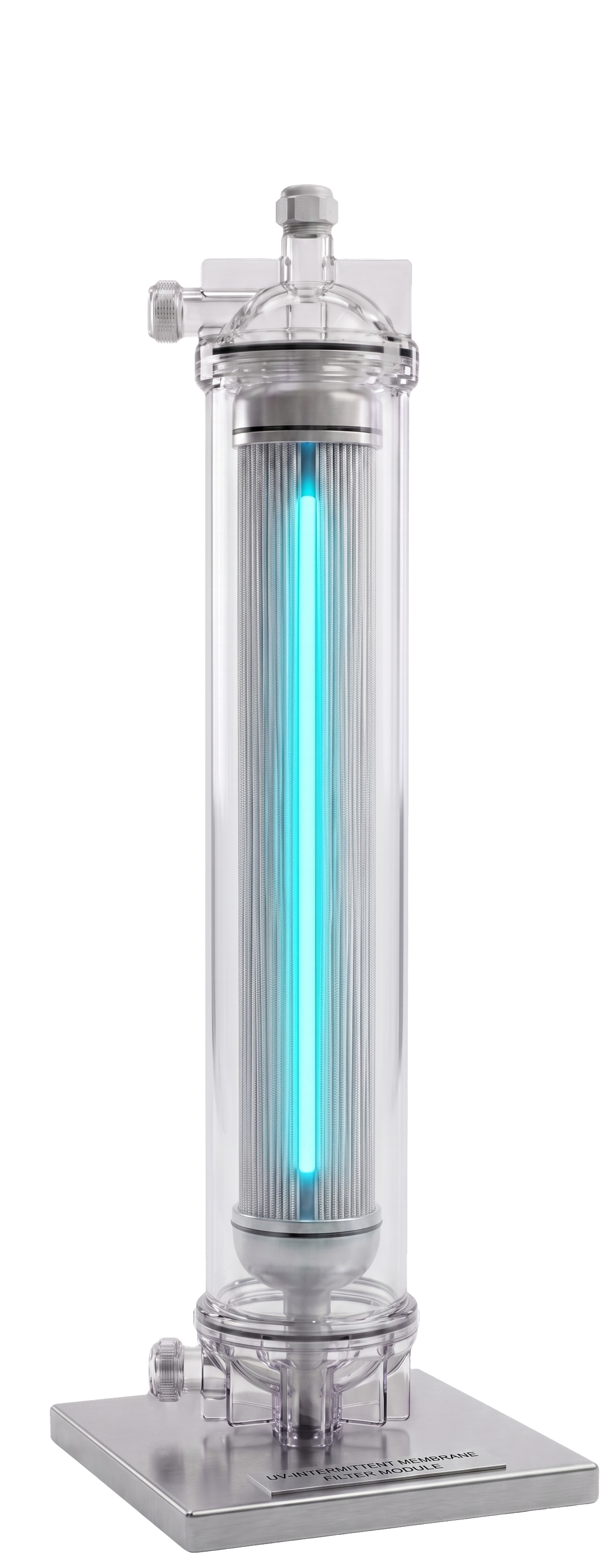 Vasuqi photocatalytic reactor module — annotated diagram showing effluent inlet, LED light activation of photocatalyst, and cleaner water output